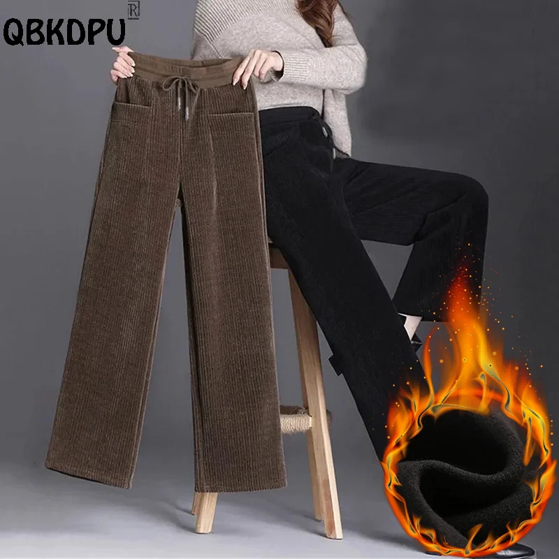 

Elegant Thicken Plus Velvet Wide Leg Pants Winter Baggy Pantalon Women Ankle Length Straight Spodnie Elastic High Waist Trousers