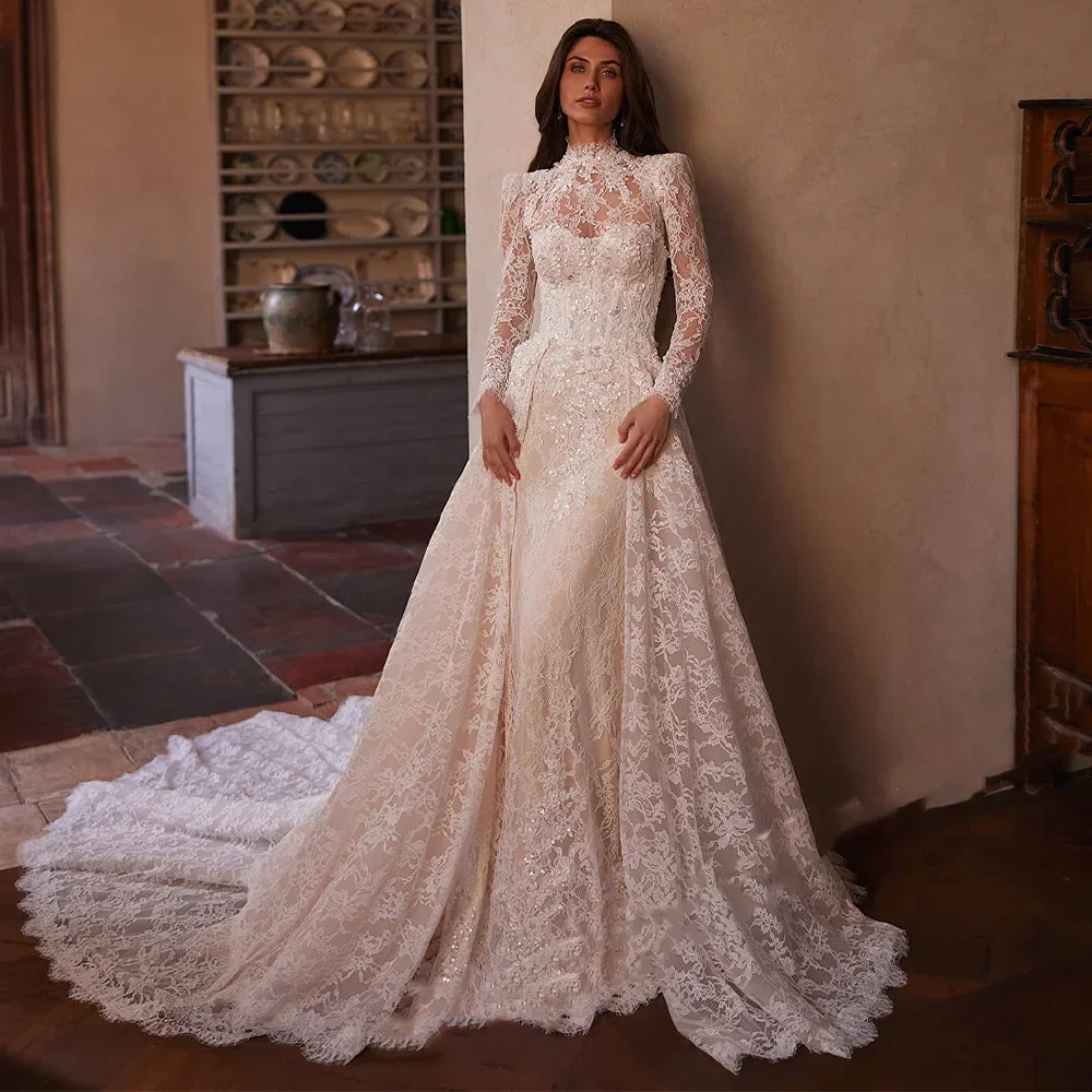 

Customized Luxury Lace Mermaid Wedding Dress Detachable Train High Collar Long Sleeve Bridal Ball Dress Button Tank Top