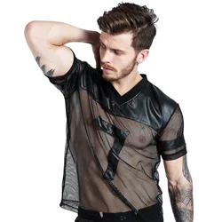 CLEVER-MENMODE Sexy Men Fishnet T-Shirt PU Faux Leather Mesh Shirts See Through Tops Tee Transparent Short Sleeve Stage Clubwear