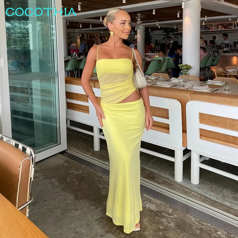 COCOTHIA Spaghetti Strap Sleeveless Pleated Backless Slim Fit Camisole Crop Top Maxi Skirt Sexy Urban Leisure Two Pieces Set