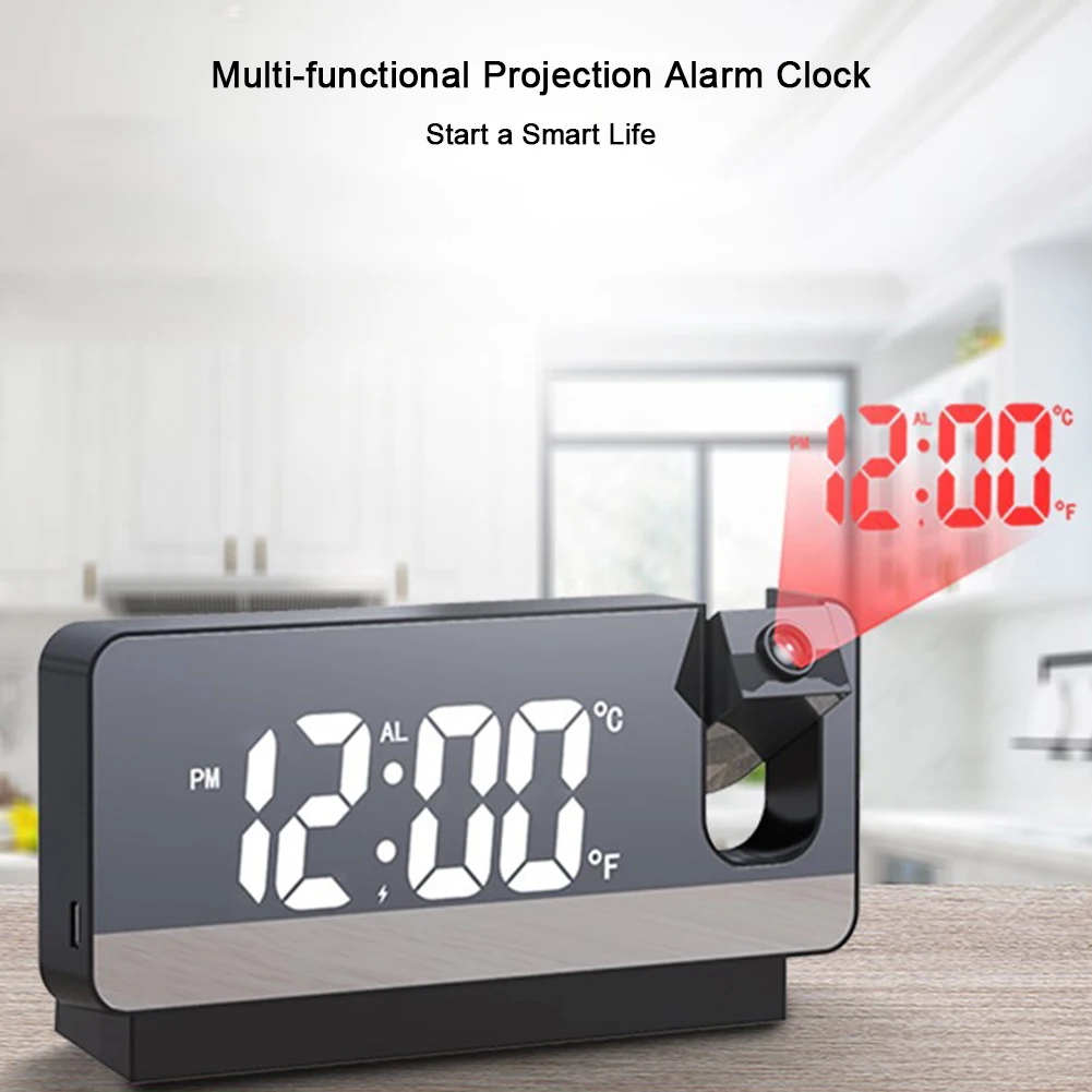 LED Digital Alarm Clock 180° Arm Projection Alarm Clock USB Charging Wake Up FM Radio Time Projector for Students Office Worker