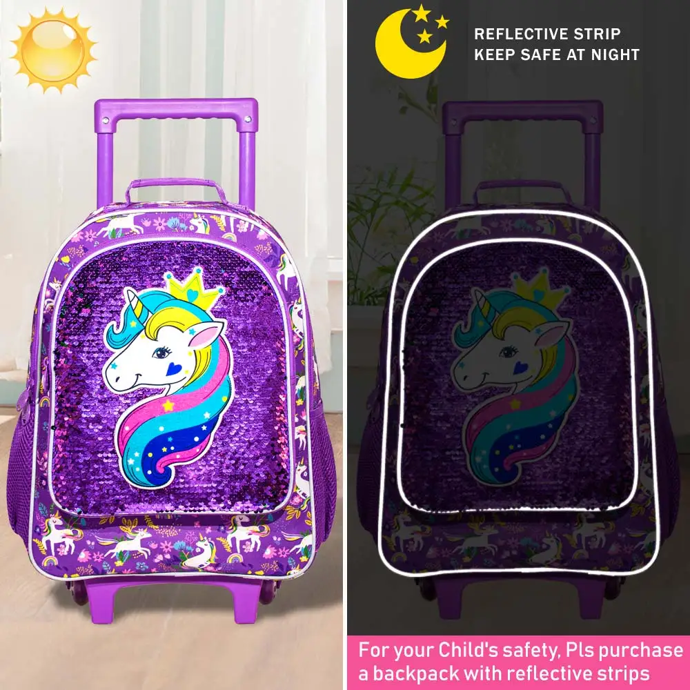 3-Piece Rolling Backpack for Girls and Children Roller Bag with Lunch Bag and Pen Bag Design of Unicorn Pattern Luminous Functio