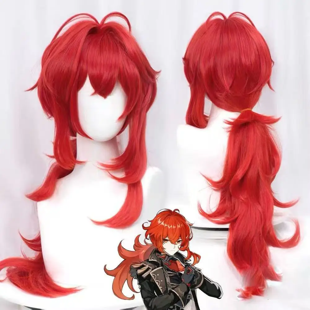 Game Genshin Impact Diluc Cosplay Wig Bright Red Long Ponytail Layered Fluffy Synthetic Hair Wig for Men Halloween Comic Con