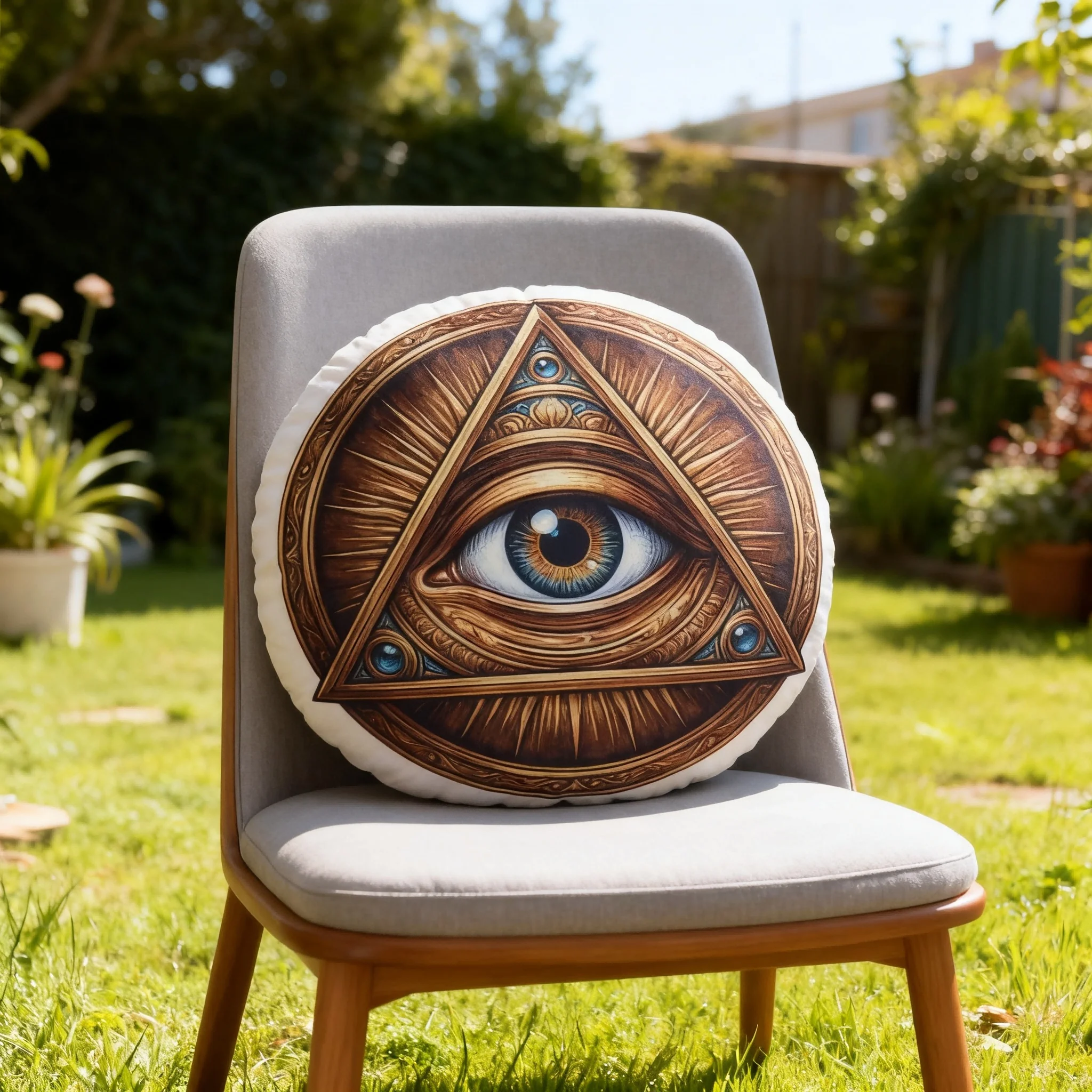 Eye of Providence Round Shaped Pillow, Vintage Carving Style All-Seeing Eye Decorative Throw Cushion for Sofa Home Art Decor