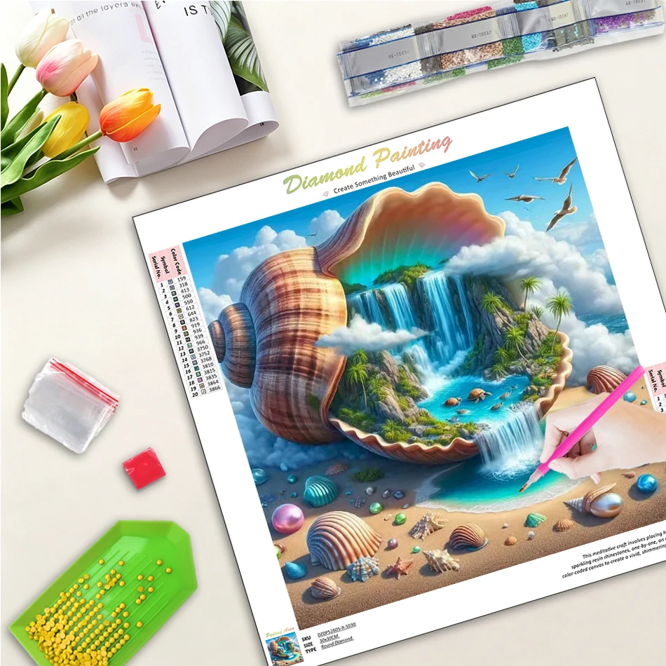 

GATYZTORY Full Drill Diamond Embroidery Landscape Mosaic Seaside Rhinestones Picture Cross Stitch Painting Conch Handmade Gift