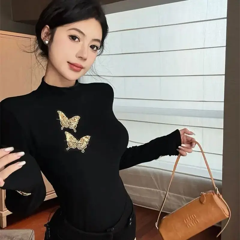 French Half Turtleneck Heavy Industry Butterfly T-Shirt Women Autumn Winter New High-End Slim Brushed Casual Bottoming Shirt Top