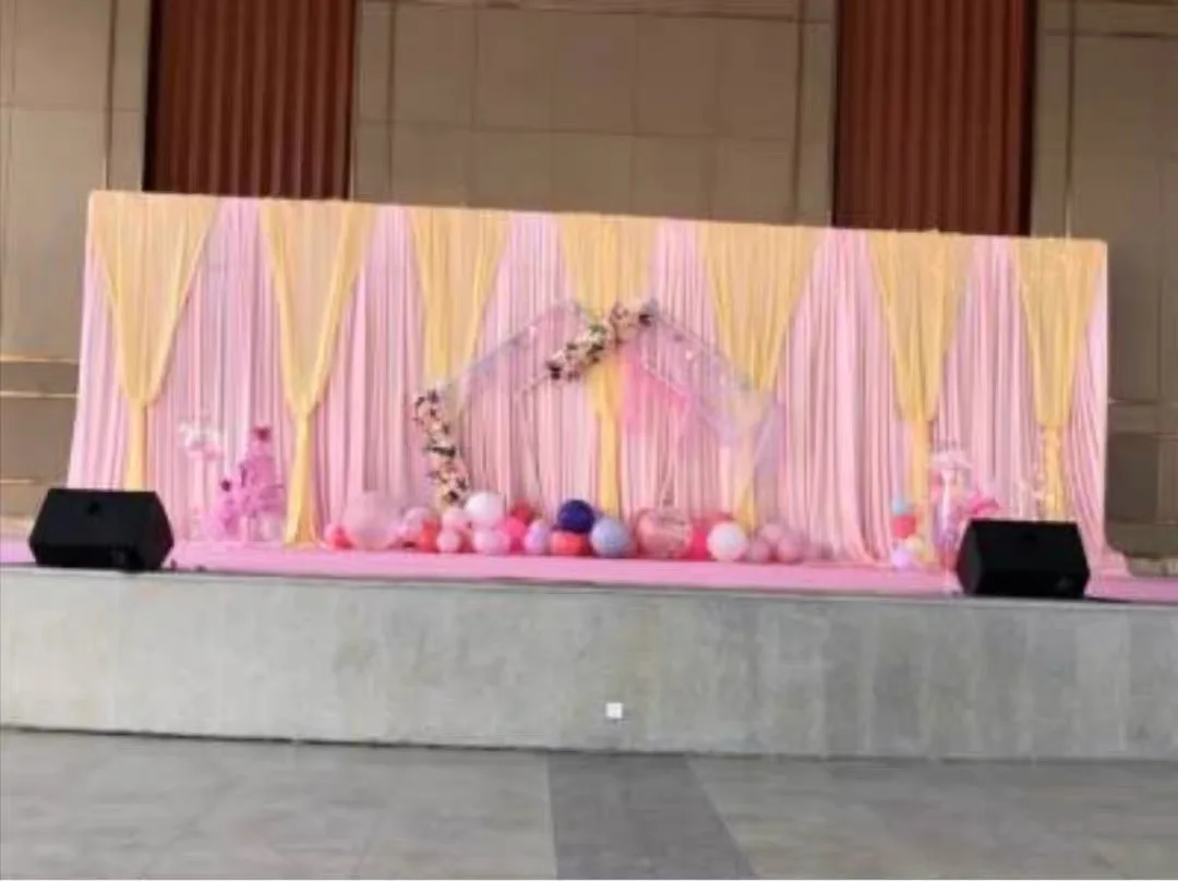 

Custom Pink Ice Silk Wedding Backdrop Curtain With Yellow Drape Valance Stage Backdrops Background For Party Event Decoration
