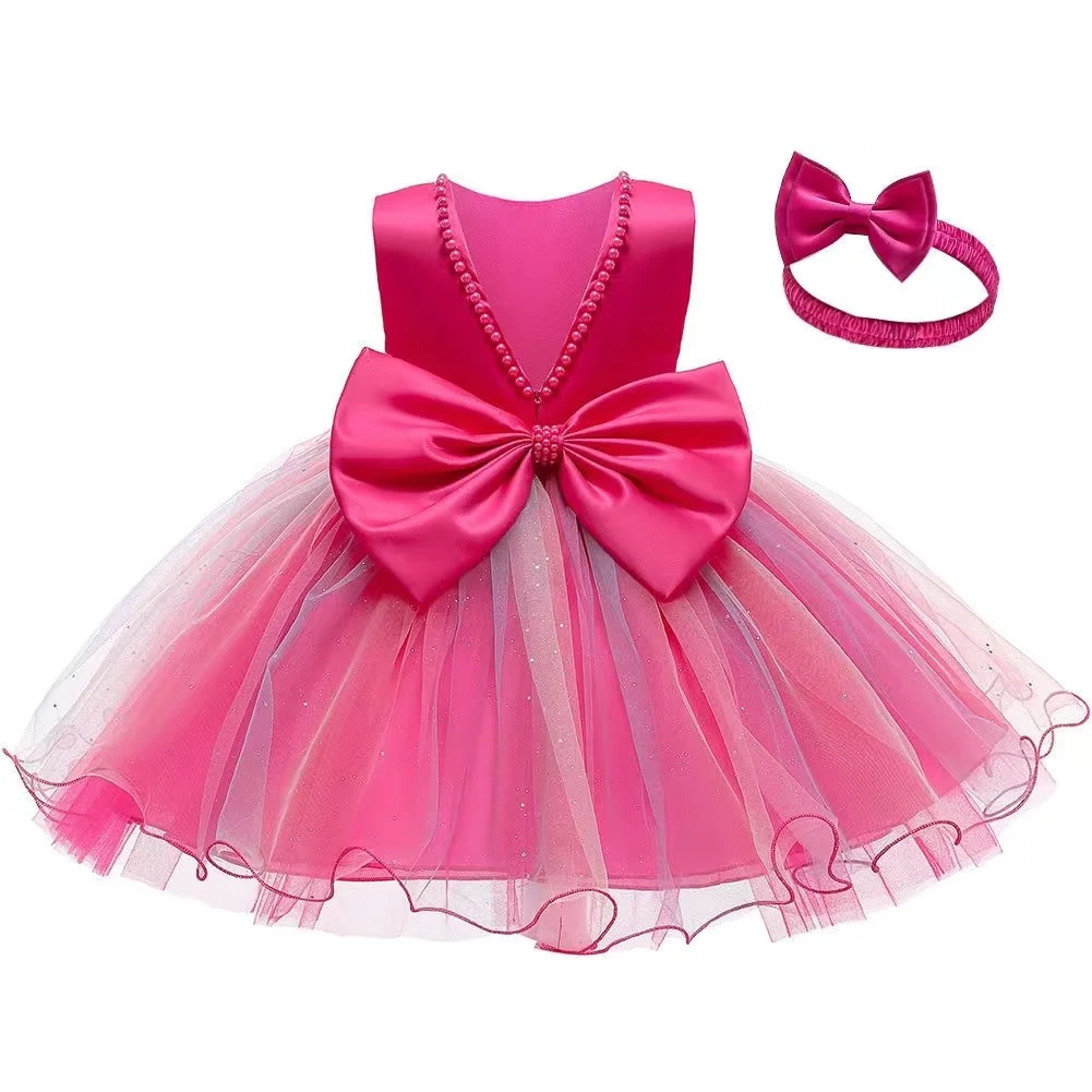 Vestido de fiesta de Navidad de Año Nuevo para bebé, lazo para niña, fiesta de cumpleaños, boda, cuentas de flores, vestido de princesa de bautismo para niño pequeño