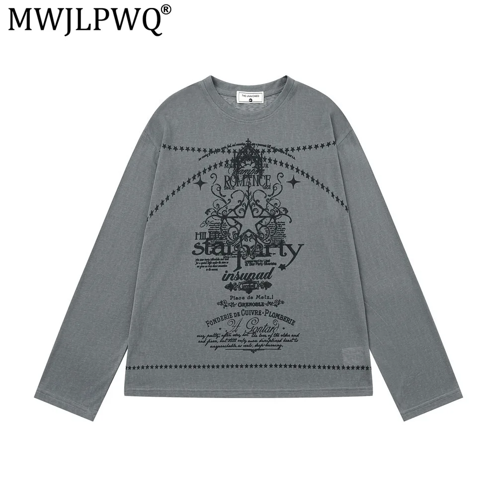 MWJLPWQ Floral Star Print Long-Sleeve T-Shirt Casual Loose Fit For Men 2026 Spring Autumn Ins American Street Style Tops 20591