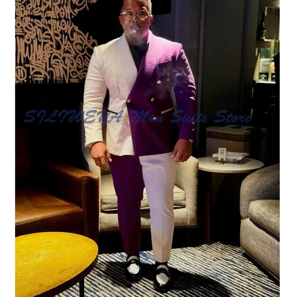 

White Purple Evening Men Suits 2 Pieces Jacket Pants Double Breasted Male Clothing Collar Casual Special Occasion Fit Customize