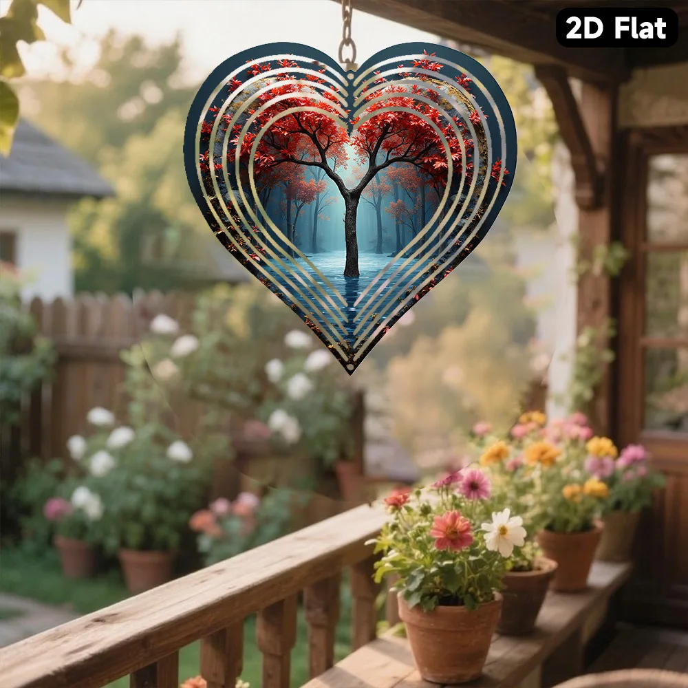 2D Flat - Two-Dimensional Flat Metal Wind Chime, a Single Piece of Hanging Decoration Featuring a Serene Red Tree Reflection