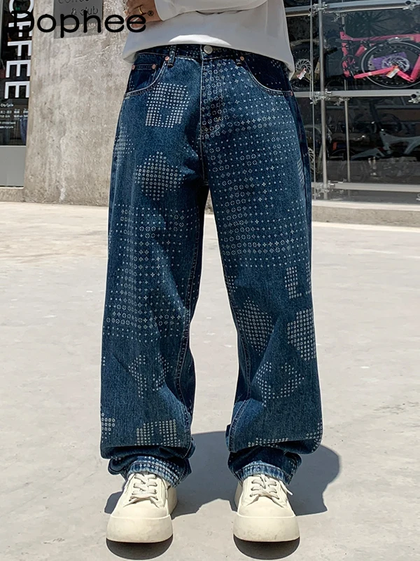 

2025 Autumn New American Fashion Printed High Street Jeans Trendy Youth Loose Straight Casual Long Pants for Men