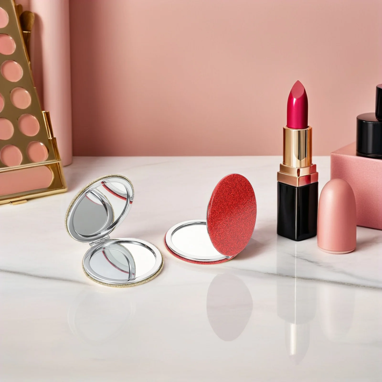 

4Pcs Compact Foldable Glitter PU Makeup Mirrors Portable Pocket Mirror for Ups Red Silver