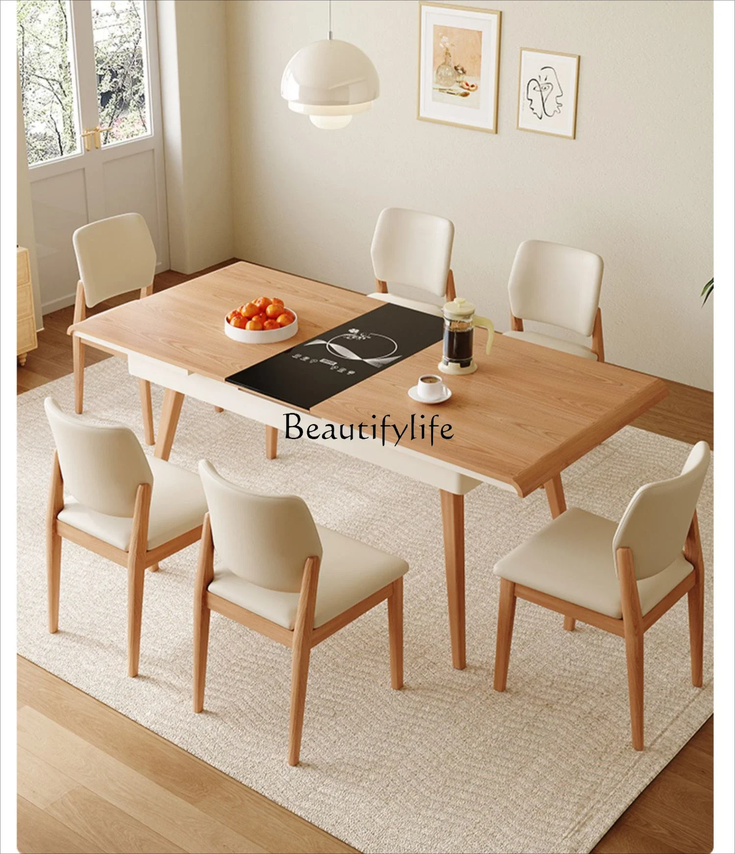 

Rectangle solid wood dining table with induction cooker integrated foldable retractable log cream wind