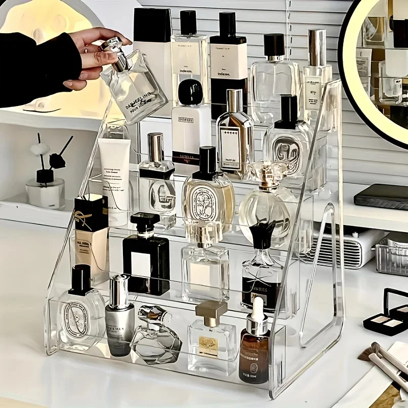 Elegant Acrylic Perfume & Cosmetic Organizer - Multi-Layer Clear Display Stand, Sleek Countertop Storage Rack for Vanity JJ5287