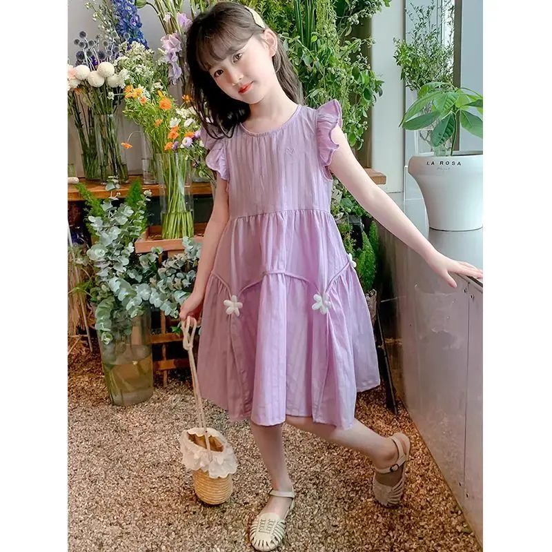 

Girls' Stylish Solid Color Flutter Sleeve Dress for Older Children, Summer New Fashion Thin Butterfly Princess Dress Trendy