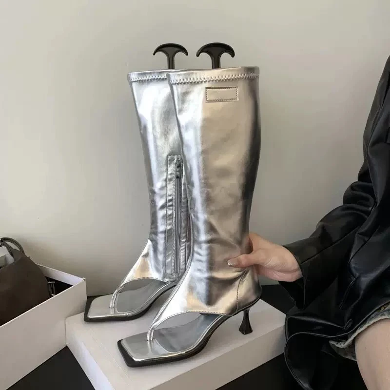 Women Trend Square Open Toe Knee High Long Boots Stiletto Heel Casual Summer Party Nightclub Thong Sandal Boots Shoes for Ladies