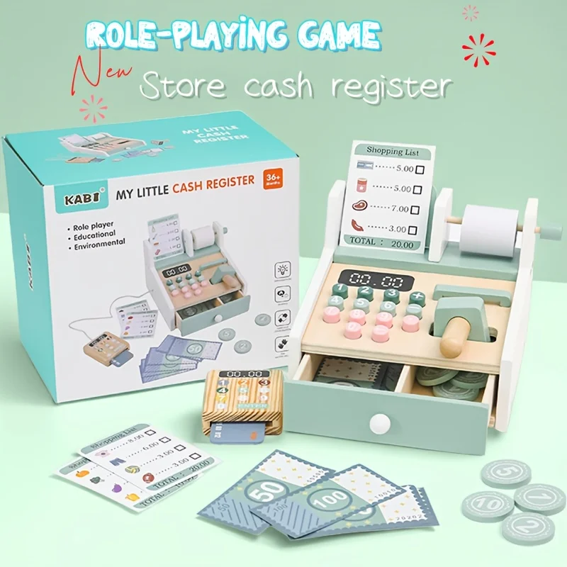 Simulação de madeira supermercado checkout contador brinquedo educação caixa registradora crianças role-play cozinha brinquedos crianças fingir jogar