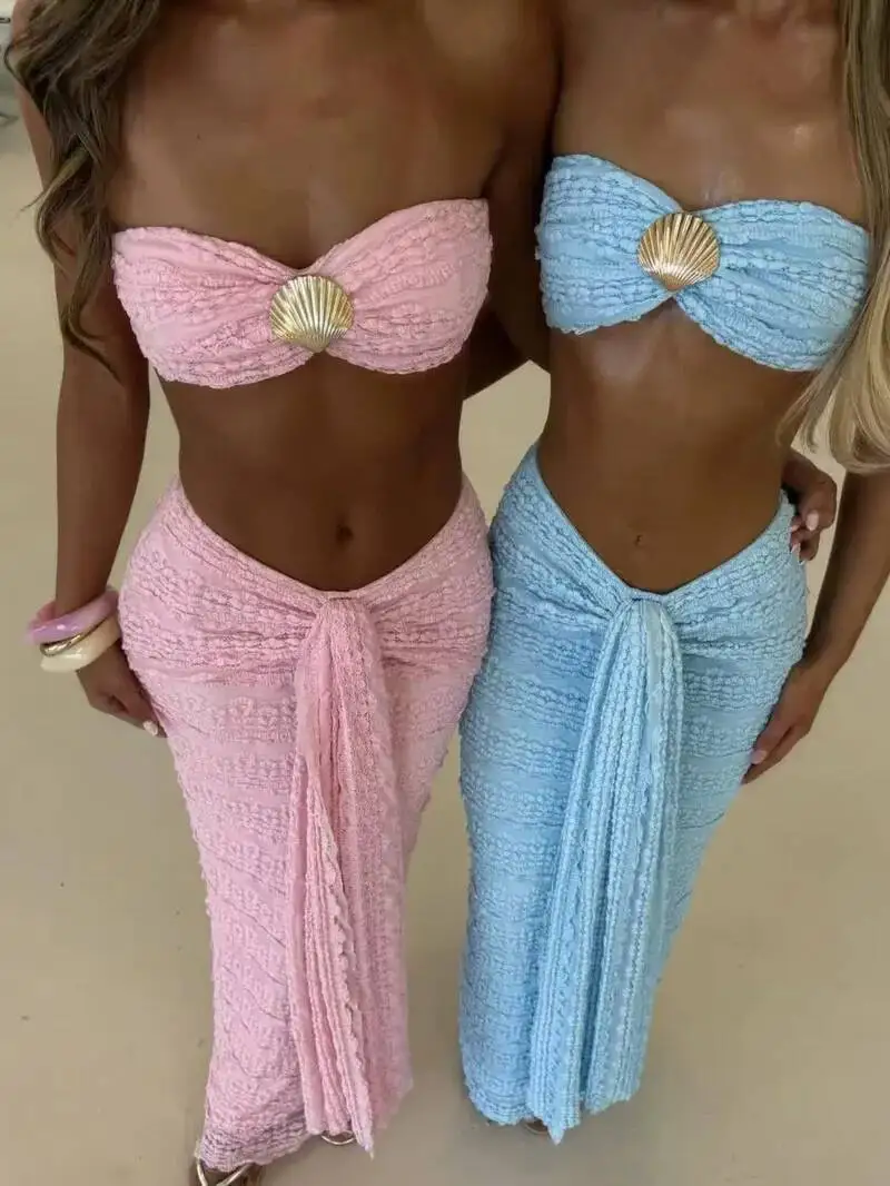 Beach Vest Long Skirt Sets Sexy Shell Sleeveless Backless Cropped Top Hip Package Knot Skirts 2025 Summer Lady 2 Pieces MX7Q