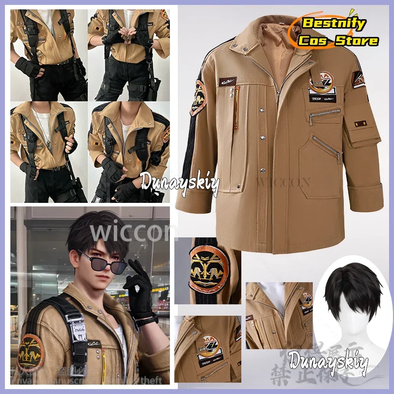 CosplayCaleb 코스프레 게임 사랑과 Deepspace Xia Yizhou 애니메이션 의상 카키 플라잉 자켓 초음속 잘 생긴 유니폼 가발 Custo