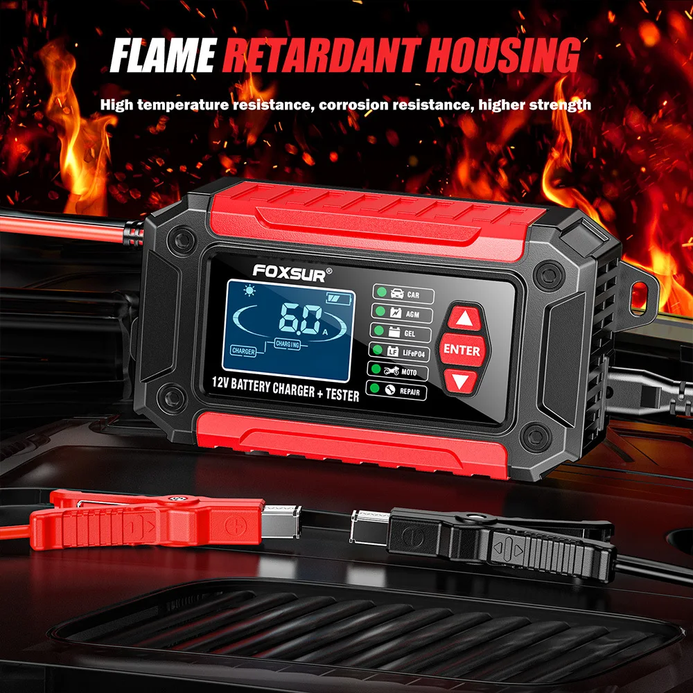 12V Lead Acid AGM Lithium Iron Phosphate Car & Motorcycle Multi-Functional Charger with Battery Testing Function