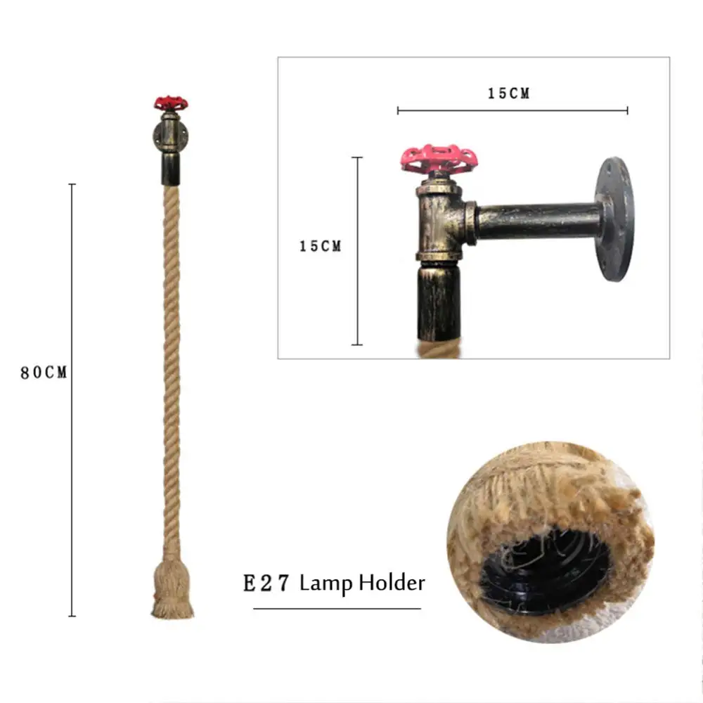 Industrial Water Pipe Wall Light Retro Hemp Rope Home Decor Lamp For Living Room Bedside Wall Sconces Interior Lighting,E27 Base