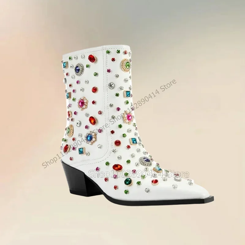 

Colorful Jewel Crystal Decor Pointed Toe Boots Side Zipper Women Shoes Chunky High Heels Fashion Party 2025 Zapatos Para Mujere