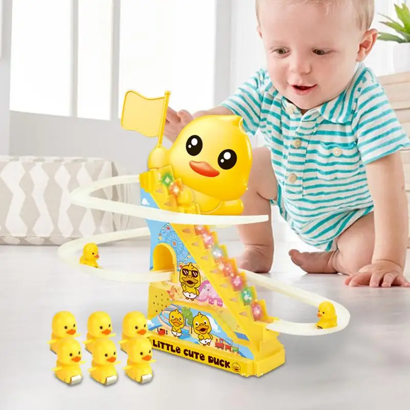 Small Duck Slide Toy Climbing Stairs Electric Toy Duck Roller Electric Track Slide Stairs Coaster Toys For Kids Toddler Girls