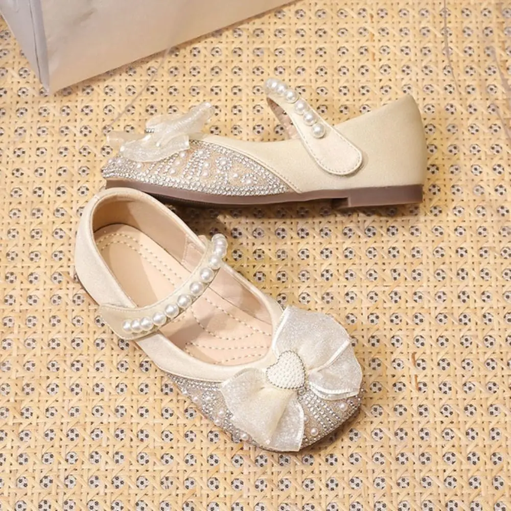 Zapatos de cuero con perlas a la moda para niños, zapatos de princesa de suela blanda con lazo de malla, zapatos ligeros sin cordones estilo Mary Jane para fiesta