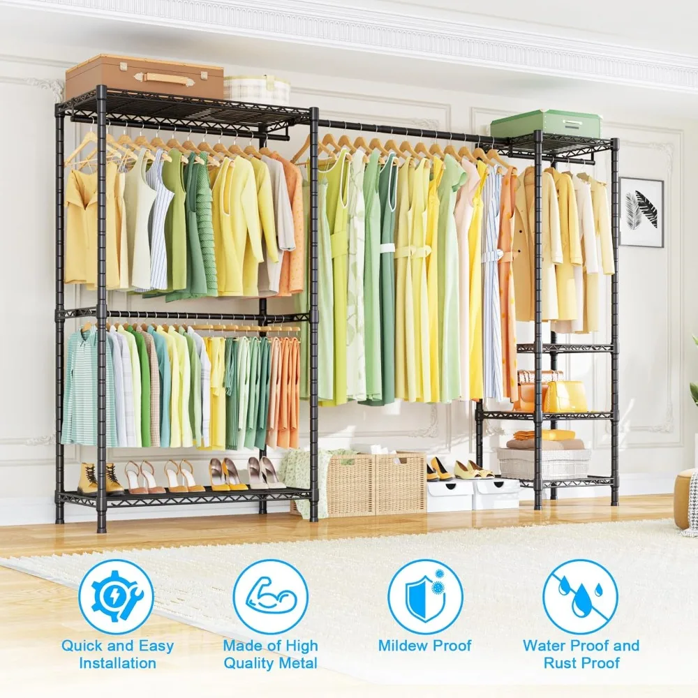 Clothes Rack（With Stretchable Hanger Rod）Freestanding Clothing Racks for Hanging Clothes，Adjustable Closet Organizer System