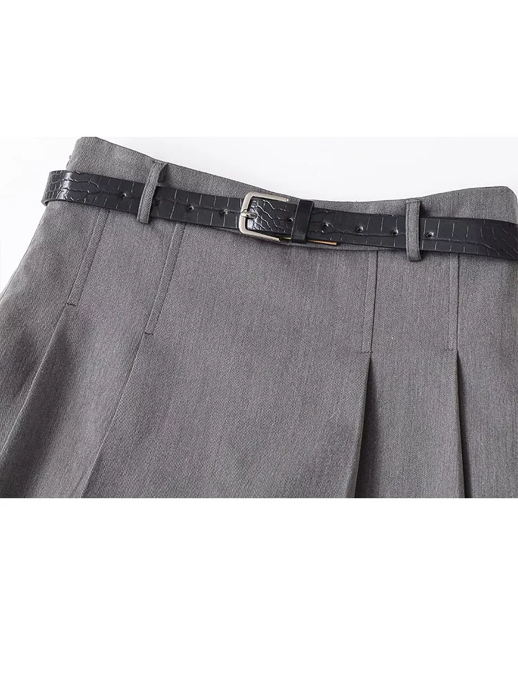 HH Damesmode Veelzijdige Mid-Taille Geplooide Culottes Met Riem Vrouwelijk Temperament High Street Casual Slanke Rits Korte Rok