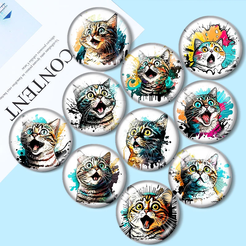 Watercolor Surprised Cat 10pcs 12mm/16mm/18mm Round Photo Glass Cabochon Demo Flat Back Making findings