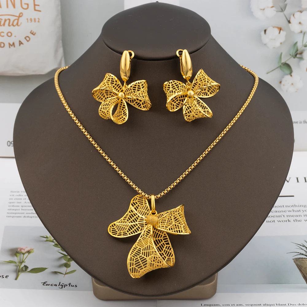 

Dubai Jewelry Set for Women 18k Gold Color Bow Tie Pendant Italian African Design Luxury Necklace Earrings Arab Bridal Jewelry