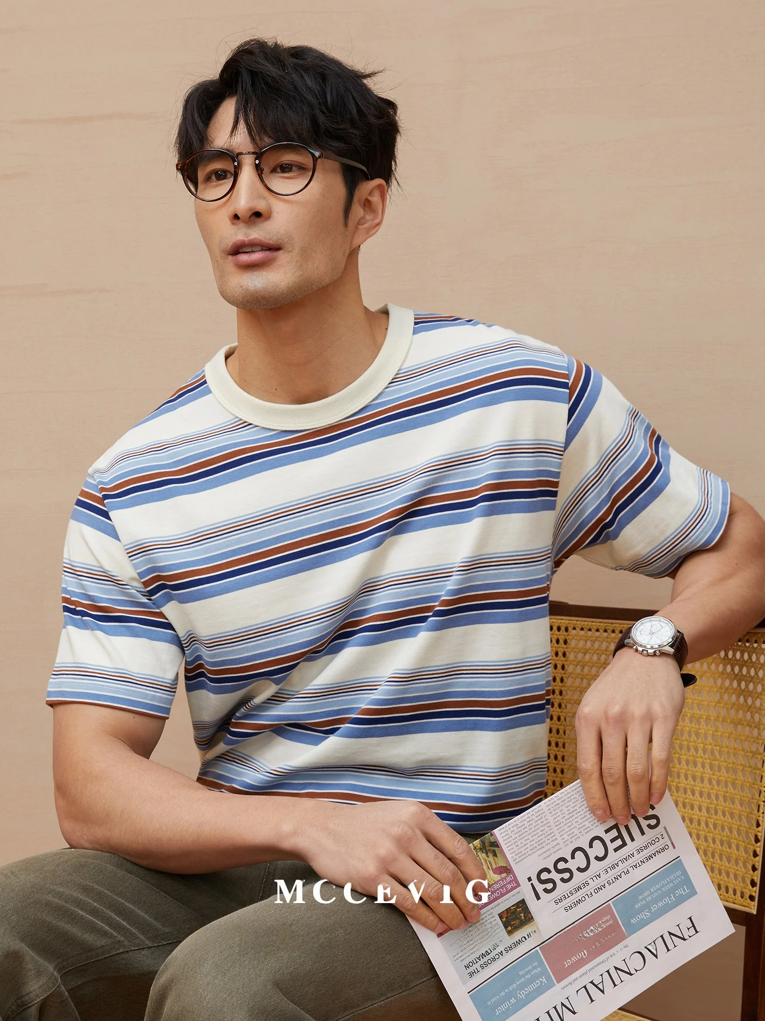 

Classic 50S American Retro Striped Pure Cotton T-Shirt Short Sleeve round Neck MCCEVTG Brand Youthful Vitality Style