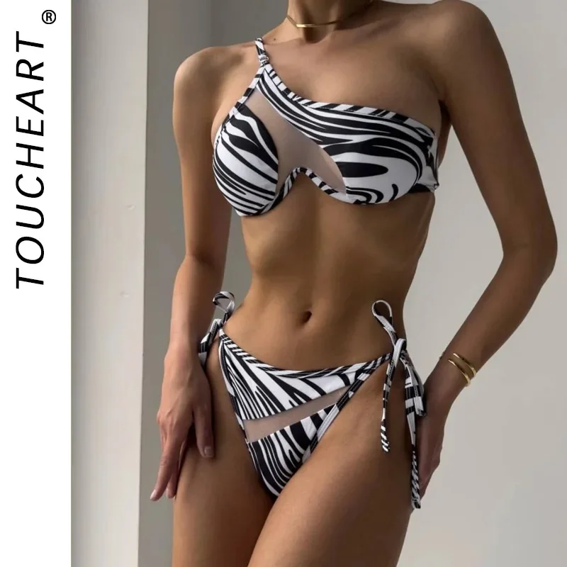 

Toucheart сексуальный полосатый костюм нижнего белья для женщин на шнуровке в стиле пэчворк, сетчатый прозрачный купальник на одно плечо, женское нижнее белье