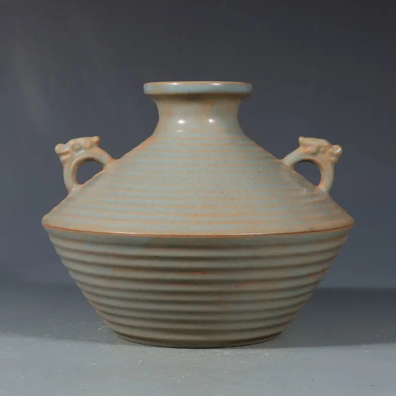 Song Style Ru Kiln Pale Sky Blue Glaze Horizontal Spiral Rib Double Dragon Ring Ear Wide Belly Vase Vintage Chinese Table
