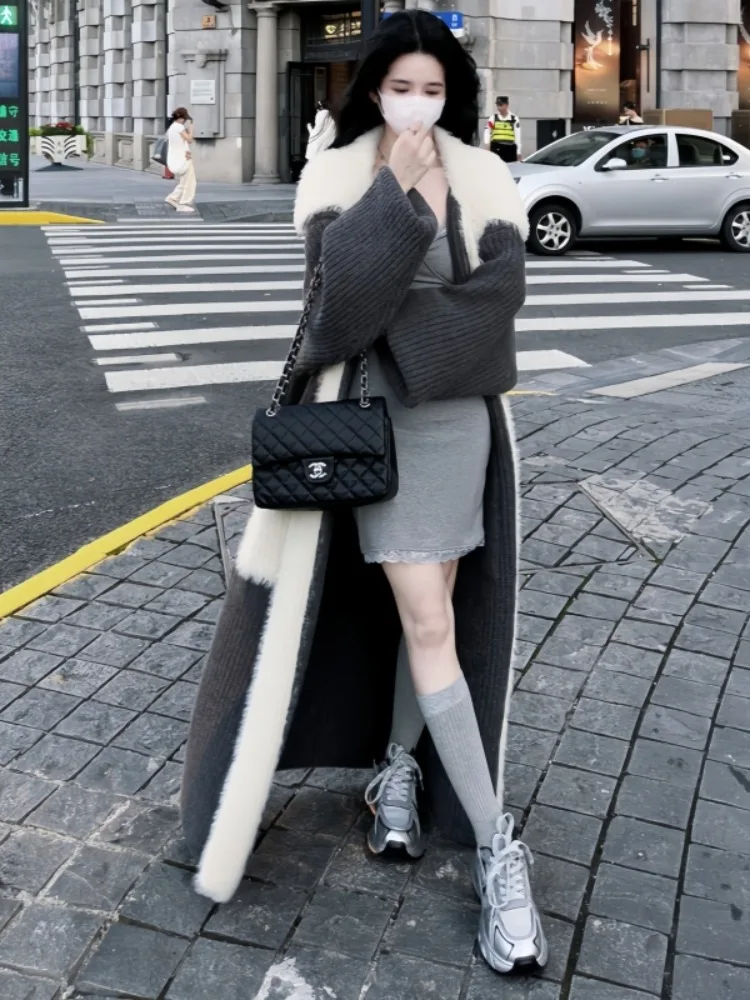 

Knee-Length Asymmetric Splicing Mink Fur Collar Open Cardigan Sweater Women Winter Loose Lazy Outerwear Thickened Knitted Jacket