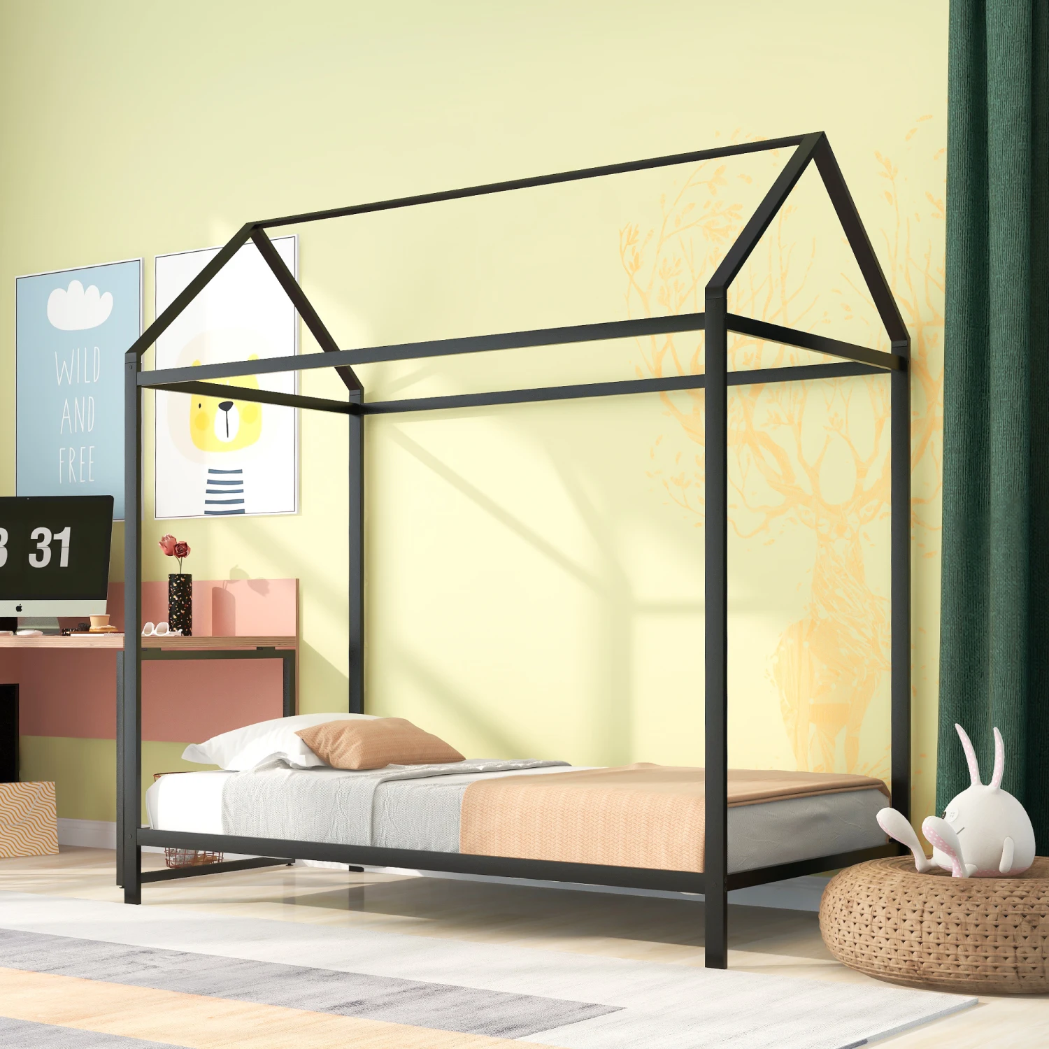 Kids Twin Size Metal Platform House Bed Frame - Black, No Box Spring Needed