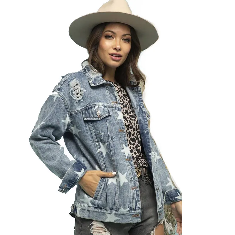 Women's Denim Jacketwomen's Autumn And Winter New Casual Fashion Street Five-Pointed Star Pattern Printed Washed Denim Jacket