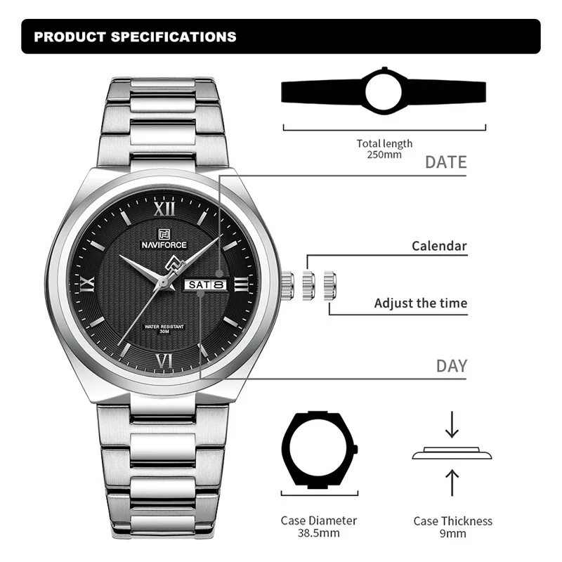 NAVIFORCE 8030 Simple Fashion Men's Watches Quartz Calendar Display Sports Waterproof Man Wristwatch Satainless Steel