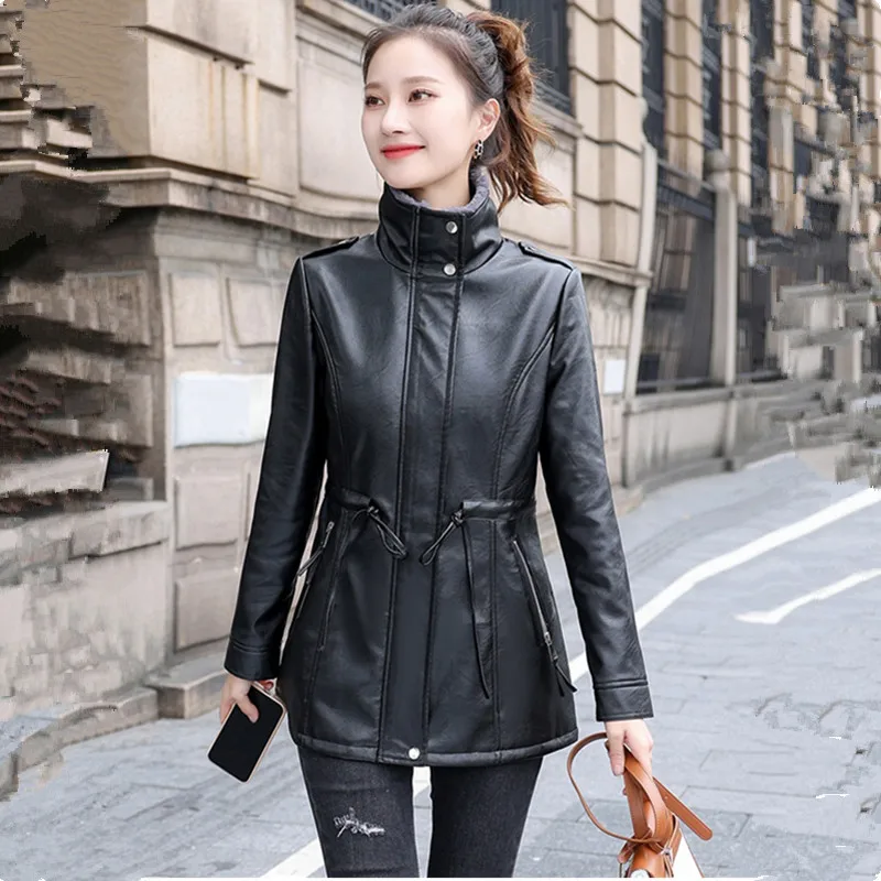 UHYTGF Quality PU Leather Jacket Women Mid Length Lamb Wool Casual Coat Female Slim Autumn Winter Leather Outerwear Ladies 2330