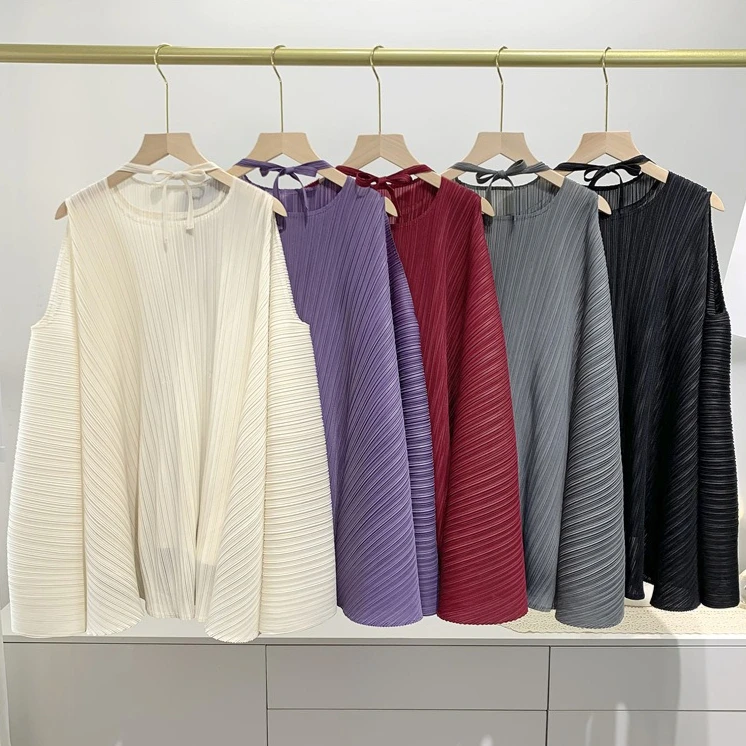 

Miyake, новые летние плиссированные топы, женские свободные футболки без рукавов большого размера, повседневная женская одежда с воротником-стойкой и отпускным воротником