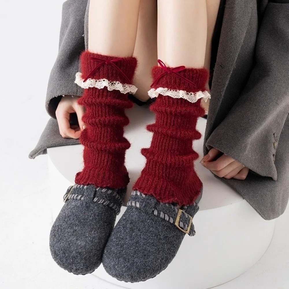 

New Red Color Leg Warmers Bow Knitted Middle Tube Socks Harajuku Thickened Mid-Calf Sock Autumn and Winter