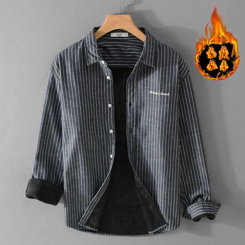 Winter Fashion Fleece Thickened Men Striped Shirt Casual Warm Literary Trendy Versatile Tops Mens Clothing
