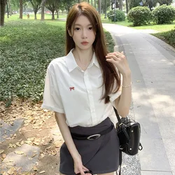 Summer Loose Versatile Fashion Embroidered Hot Items Short Sleeved Shirt Young Style Solid Color Temperament Lady Elegant Top