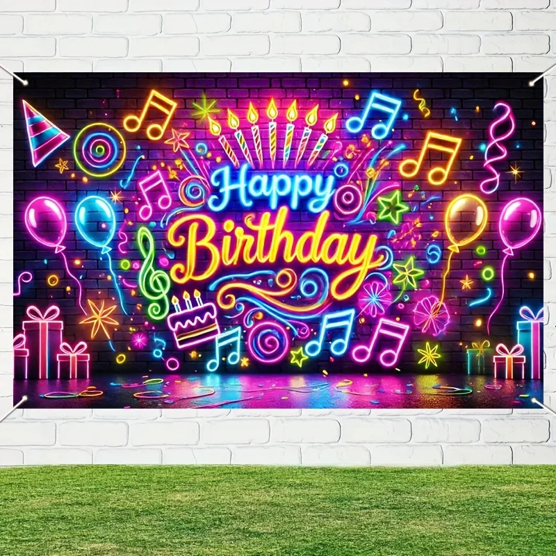 1pc Neon Music Birthday Party Background - 70.86x90.5 inch polyester colored light effect banner, suitable for indoor and outdoo