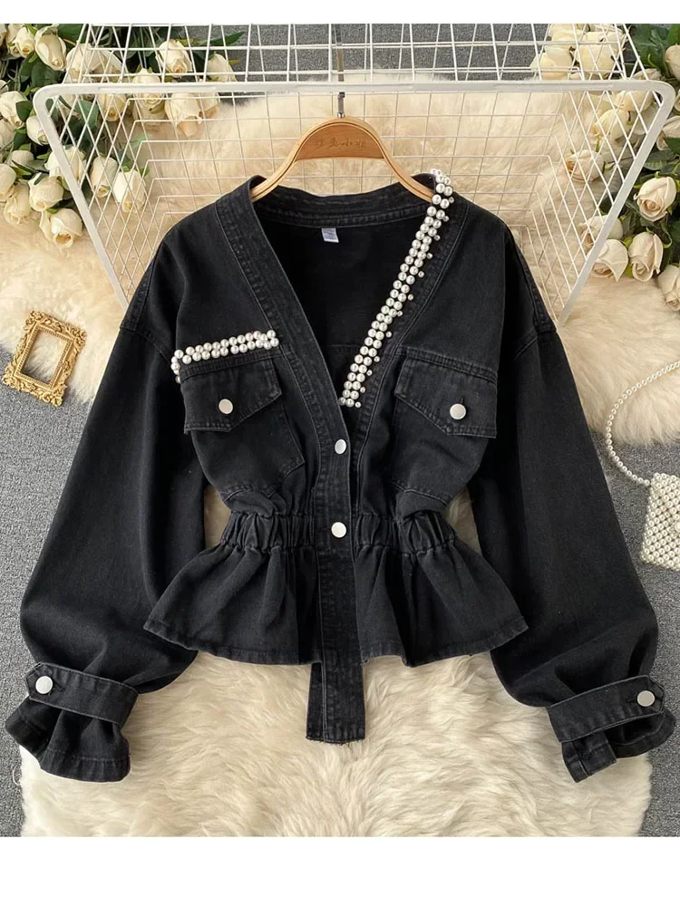 Fall 2024 New Retro Denim Jacket Coat Female Temperament V-neck Single-breasted Beaded Waist Slim Crop Top KK1333