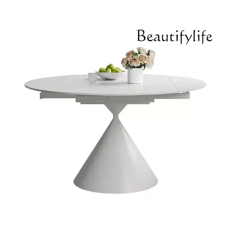 

Nordic telescopic rock slab dining table household round folding white French cream wind round table