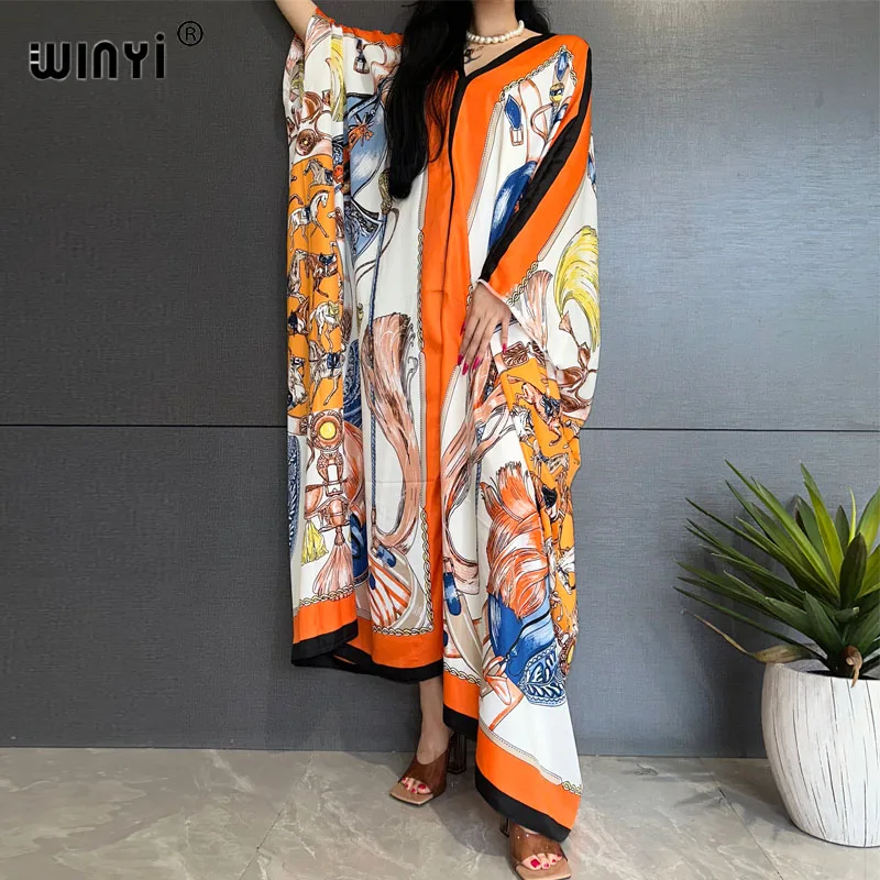 

WINYI Summer Middle East Blogger recommendation Popular print Silk Kaftan Maxi dress Beach Bohemian Caftan long dress for lady