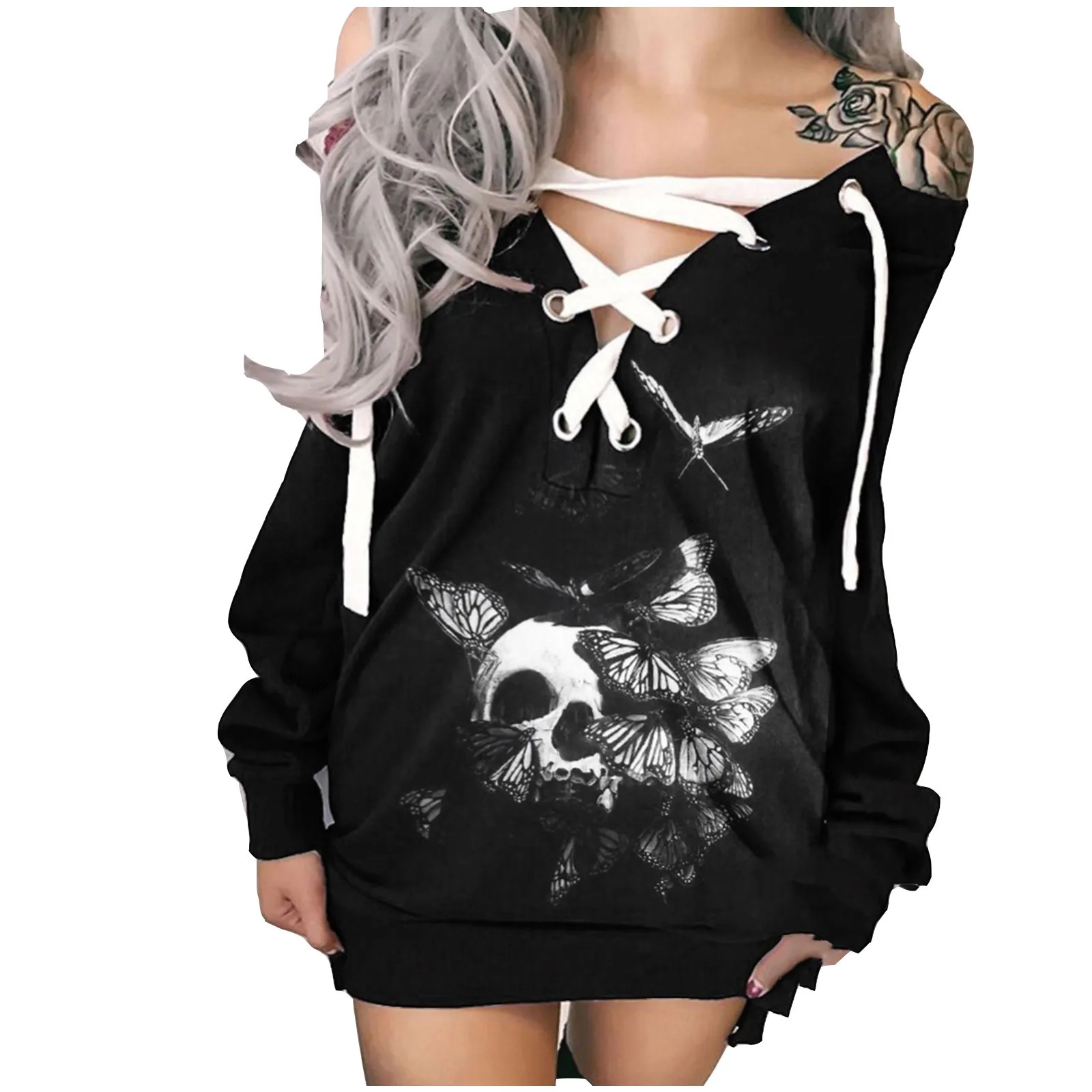 Vintage Skull Rose Print Dress Vestidos Autumn Winter Long Sleeve Lace Up Gothic Dress Robes Femme Grunge Sweatshirt Dresses